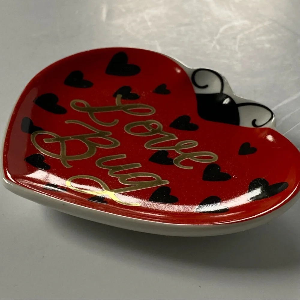 Ladybug Trinket Dish Ceramic Red Heart Valentines Decor 4” Love Bug Paper Source
